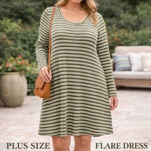 She + Sky Women's Swing Flair Textured Dress Ribbed Long Sleeve Olive White 1XL